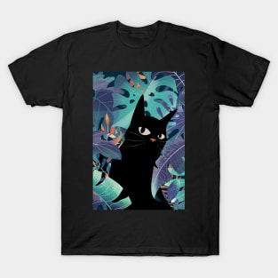 Black Cat With Monstera Leaves T-Shirt